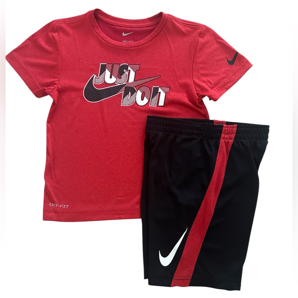 Nike Boys Size 3T Dri-FIT 2PC Set Red “Just Do It” Shirt & Black Shorts NWT
